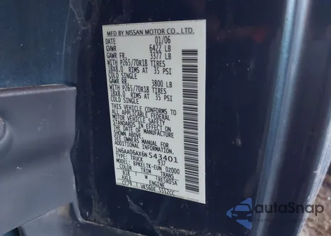 2006 Nissan Titan Se z USA, uszkodzony, nr VIN 1N6AA06AX6N543401